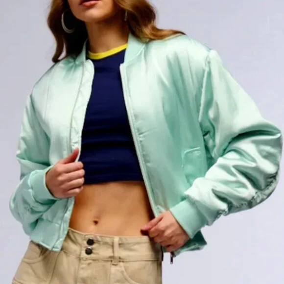 Callie Lives Miz Azalea Wang Arizona Mint Green Tea Satin Bomber Jacket S M L - Picture 8 of 8